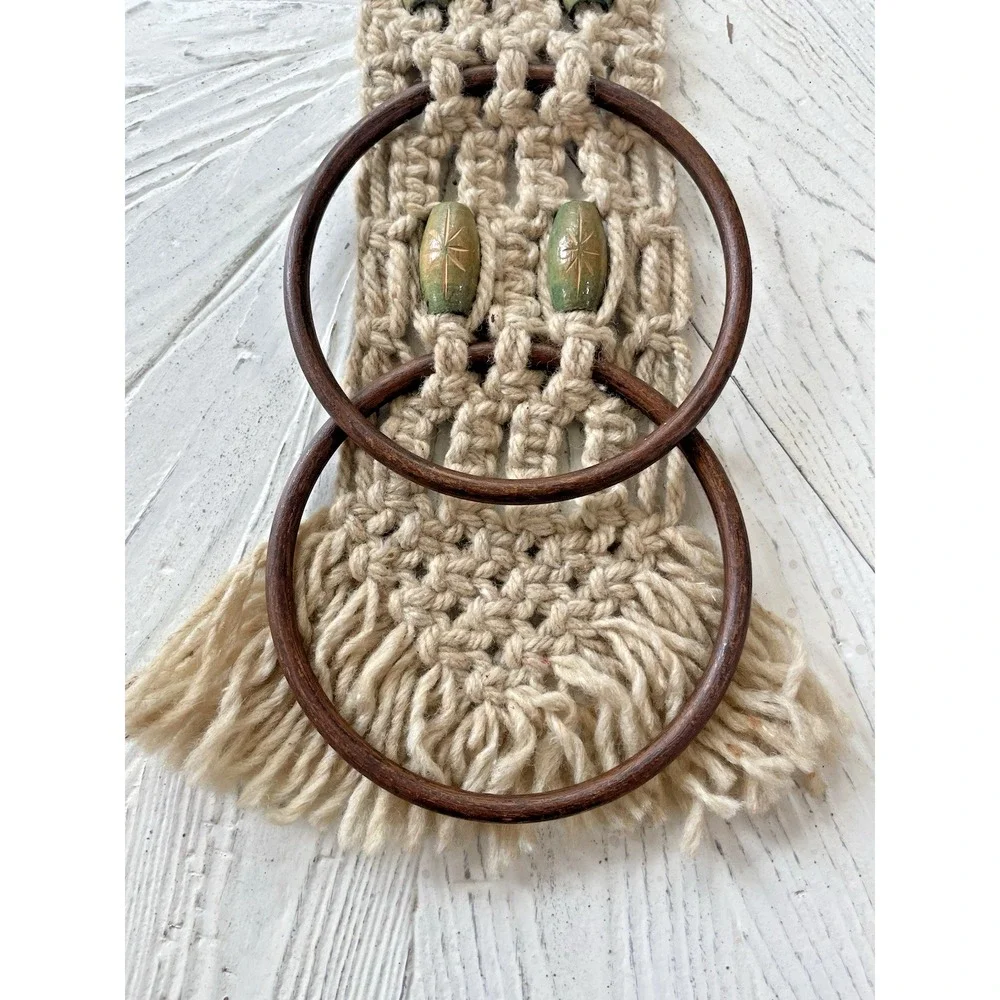 vintage Retro MCM Beige‎ Macrame Wall Hanging Double Hand Towel Ring Holder